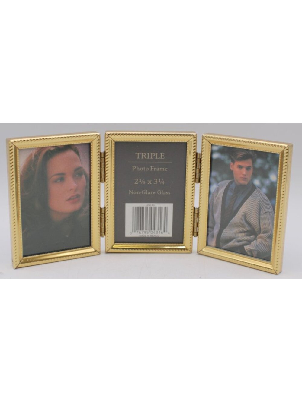 Vintage Brass Triple Hinge Connected Photo Frame 2.25x3.25" Non-Glare Glass